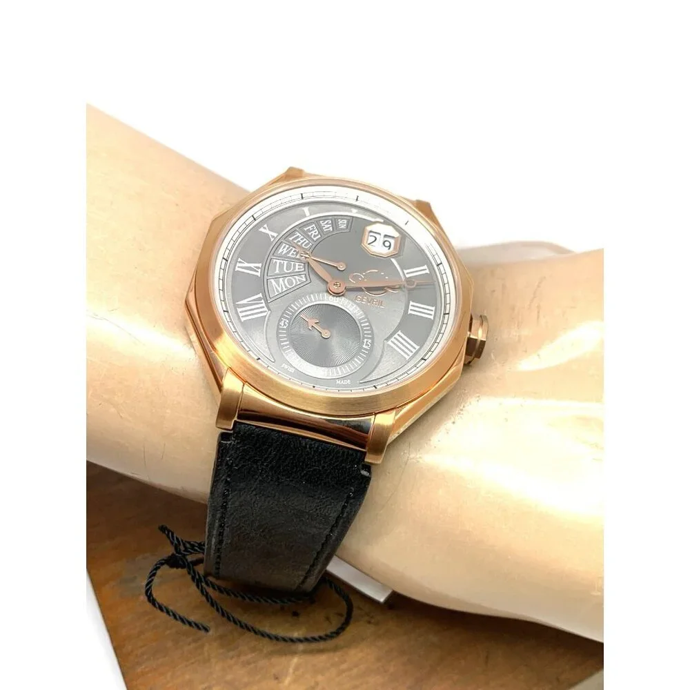 Gevril GV2 Men's Watch 42423 Swiss Quartz Gray Dial Black Leather Strap 44mm